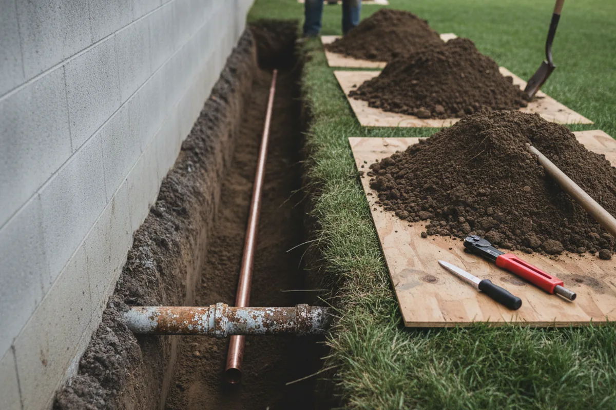 Excavated water line trench during Water Heater Repair in Cranbury